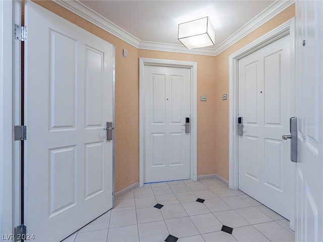 doorway featuring light tile flooring and crown molding