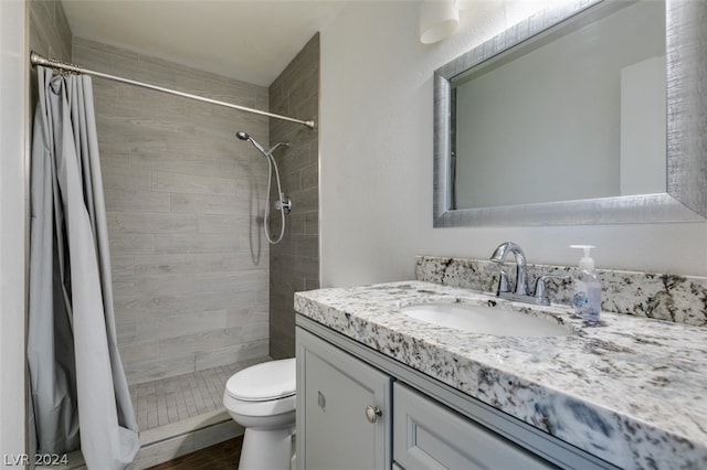 bathroom with curtained shower, toilet, and oversized vanity