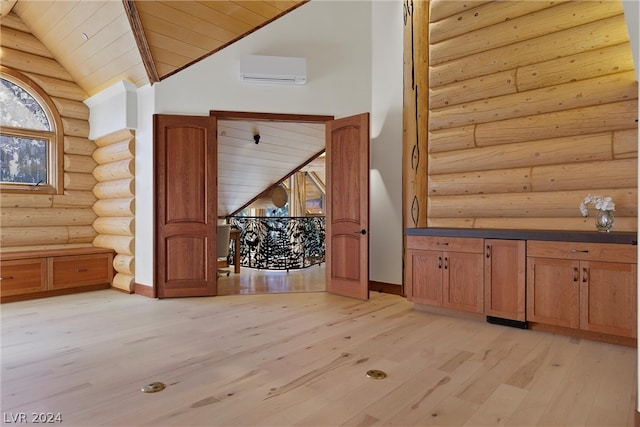 bonus room featuring a wall unit AC, log walls, wooden ceiling, high vaulted ceiling, and light wood-type flooring