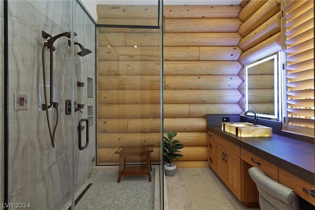 bathroom featuring rustic walls, vanity, and an enclosed shower