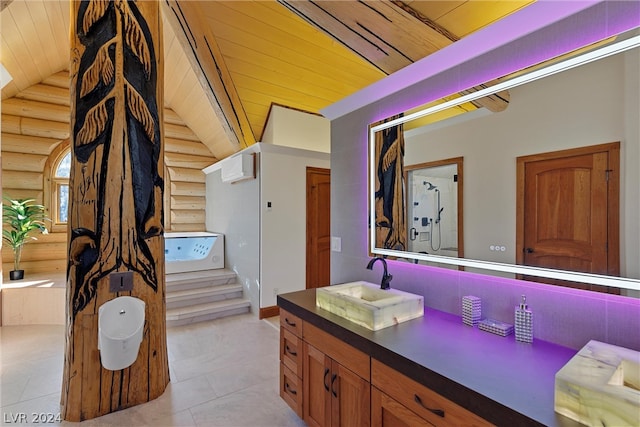 bathroom featuring vanity, lofted ceiling, log walls, tile flooring, and wooden ceiling