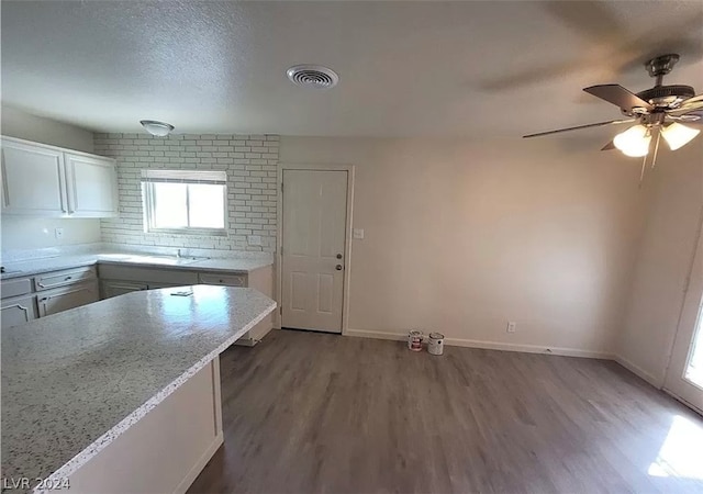 kitchen with light stone countertops, ceiling fan, a textured ceiling, dark wood-type flooring, and gray cabinetry