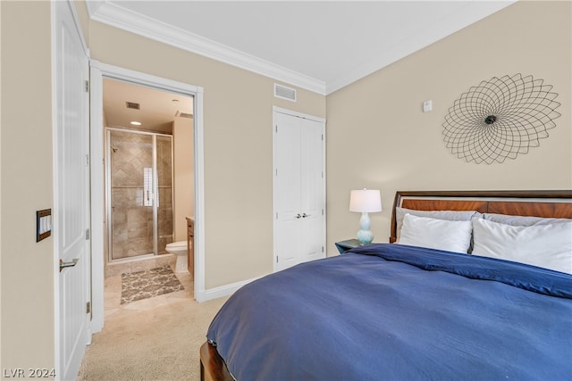 bedroom with connected bathroom, ornamental molding, and light colored carpet