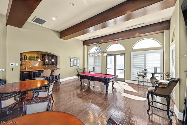 game room with billiards, bar, dark hardwood / wood-style floors, and beam ceiling