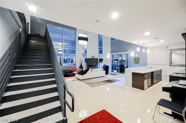 living room with light tile floors