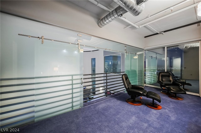 exercise room featuring dark colored carpet