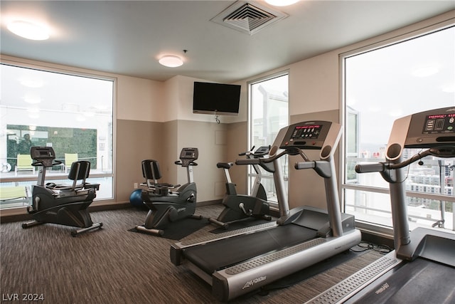 workout area featuring dark carpet and a wealth of natural light