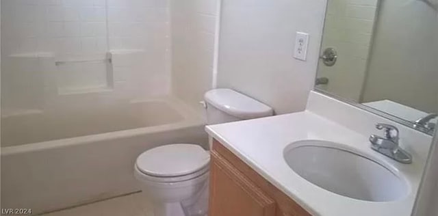 full bathroom with tile flooring, oversized vanity, toilet, and bathing tub / shower combination