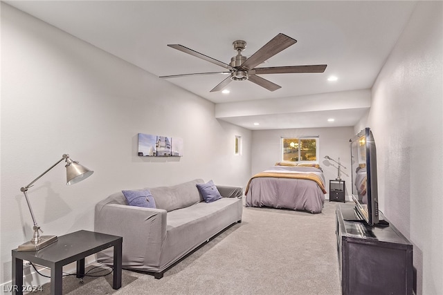 carpeted bedroom featuring ceiling fan and recessed lighting