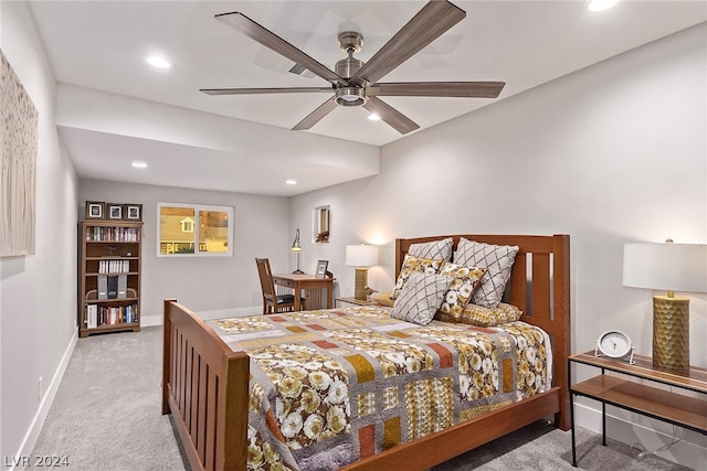 bedroom with light carpet, ceiling fan, recessed lighting, and baseboards