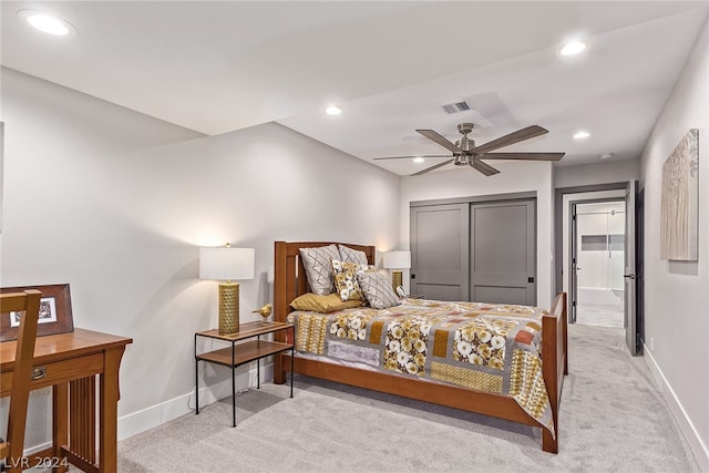 bedroom featuring baseboards, recessed lighting, visible vents, and light colored carpet