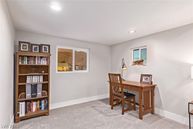 office featuring light carpet, recessed lighting, and baseboards