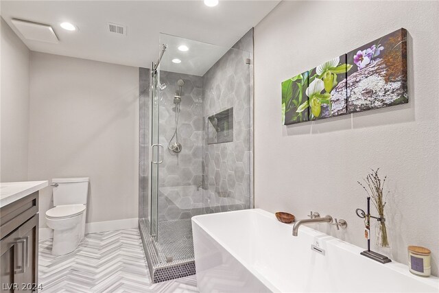 full bath featuring a stall shower, visible vents, toilet, a soaking tub, and vanity