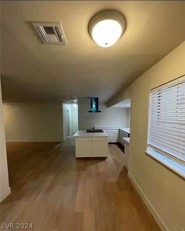 interior space with white cabinetry, light hardwood / wood-style floors, extractor fan, and sink