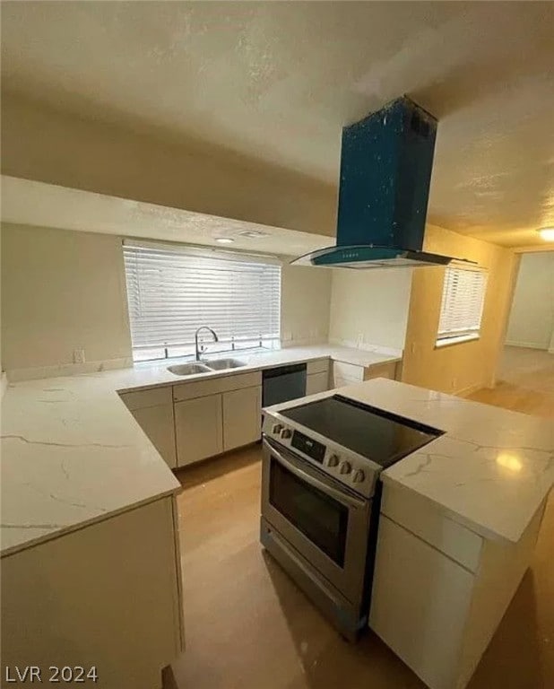 kitchen with dishwashing machine, light stone counters, exhaust hood, electric range, and sink