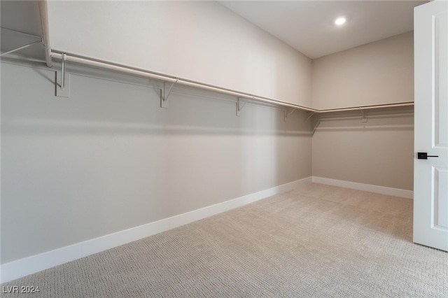 walk in closet with light carpet