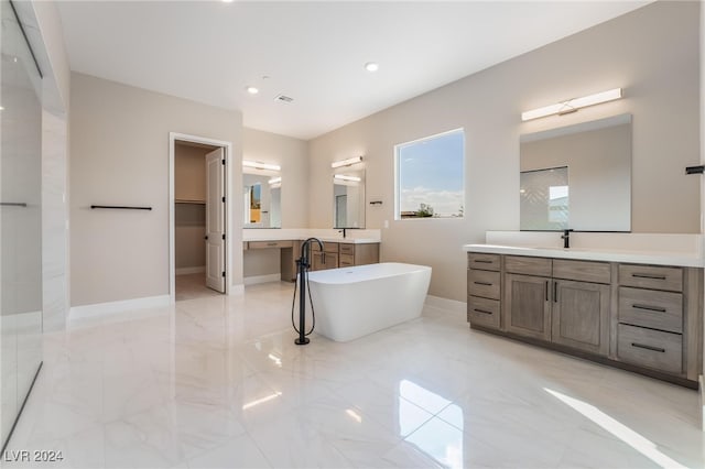 bathroom featuring vanity and plus walk in shower