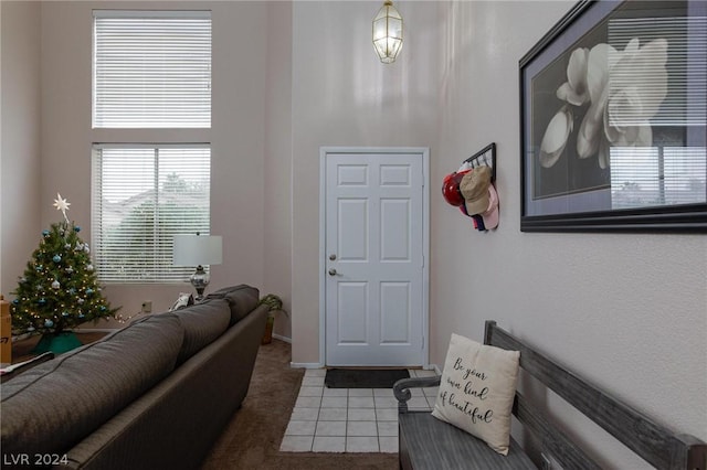 entrance foyer with tile patterned floors and a towering ceiling
