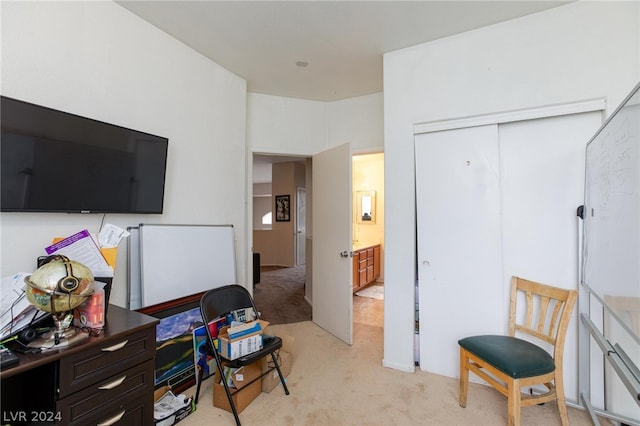 bedroom featuring a closet and light colored carpet