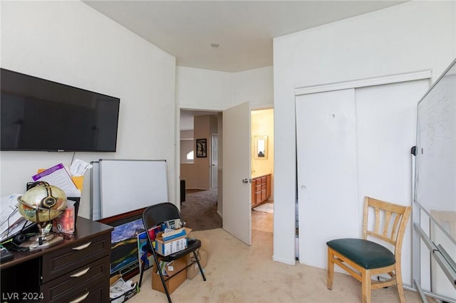 bedroom featuring light colored carpet and a closet