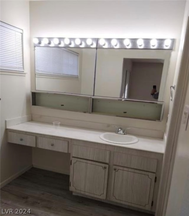 bathroom with vanity with extensive cabinet space and wood-type flooring