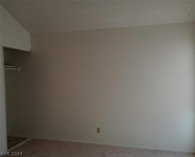 interior space with carpet floors, lofted ceiling, and a textured ceiling