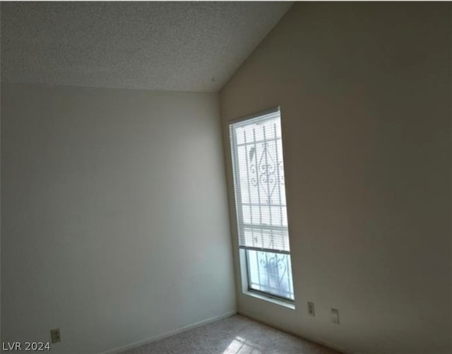 carpeted spare room featuring lofted ceiling, plenty of natural light, and a textured ceiling