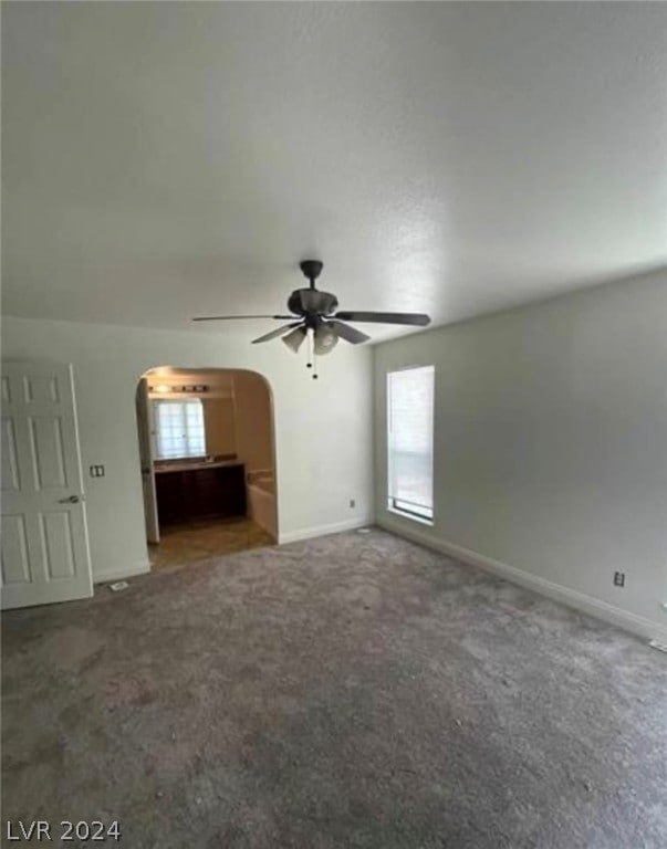 interior space with ceiling fan, multiple windows, and dark colored carpet