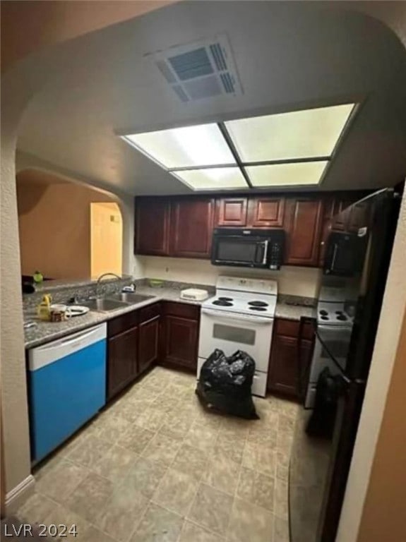 kitchen with light tile floors, white electric range oven, dishwasher, and sink