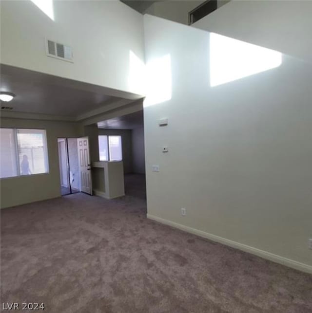 carpeted spare room with a towering ceiling and a wealth of natural light