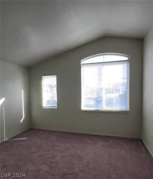 spare room with lofted ceiling, dark colored carpet, and a wealth of natural light