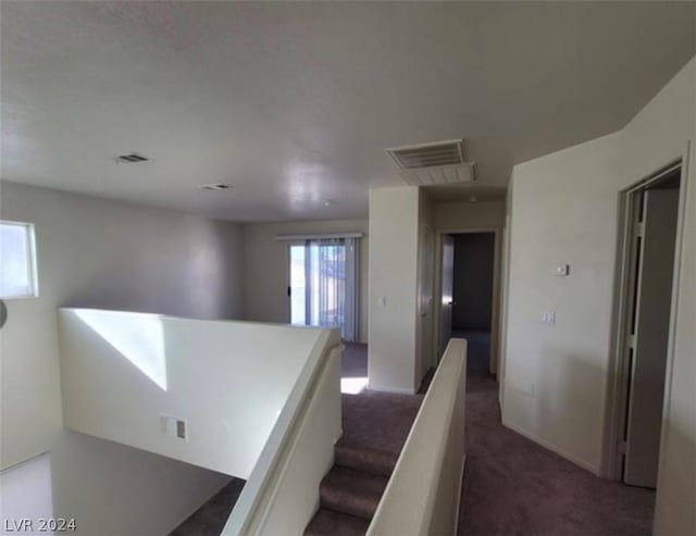 staircase featuring dark colored carpet