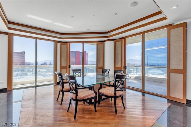 dining area featuring expansive windows, a tray ceiling, and hardwood / wood-style flooring