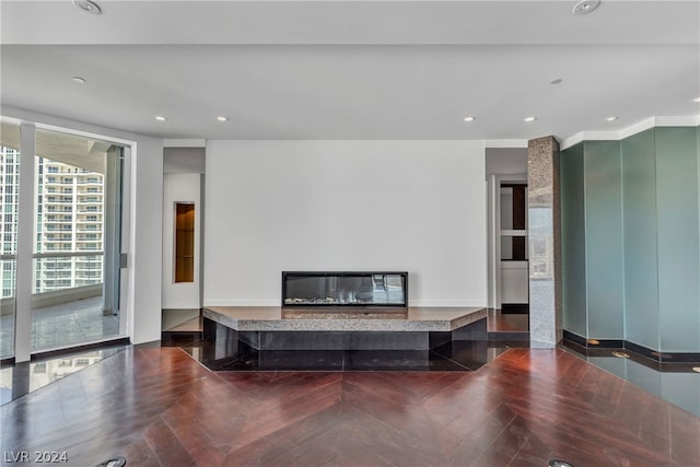 living room with dark parquet flooring