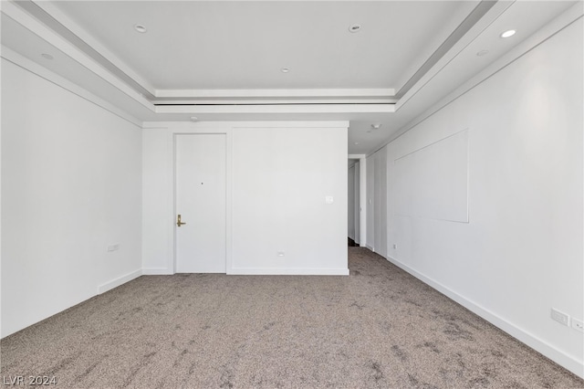 empty room with a tray ceiling and light colored carpet