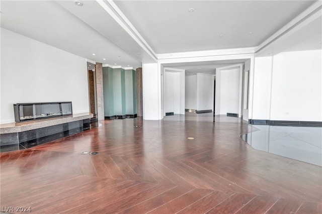 living room with dark parquet floors