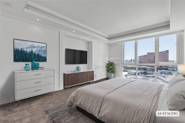 carpeted bedroom with a tray ceiling