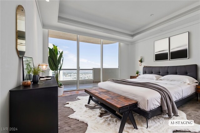 bedroom featuring a tray ceiling and access to exterior