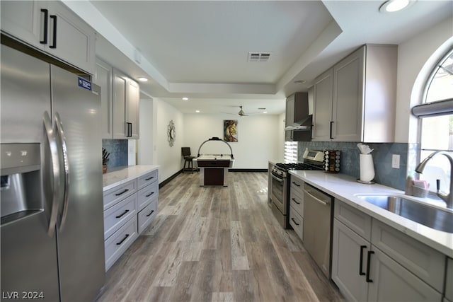 kitchen featuring a raised ceiling, tasteful backsplash, stainless steel appliances, and wood-type flooring