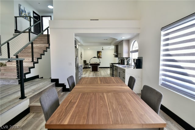 dining area featuring sink and light hardwood / wood-style flooring