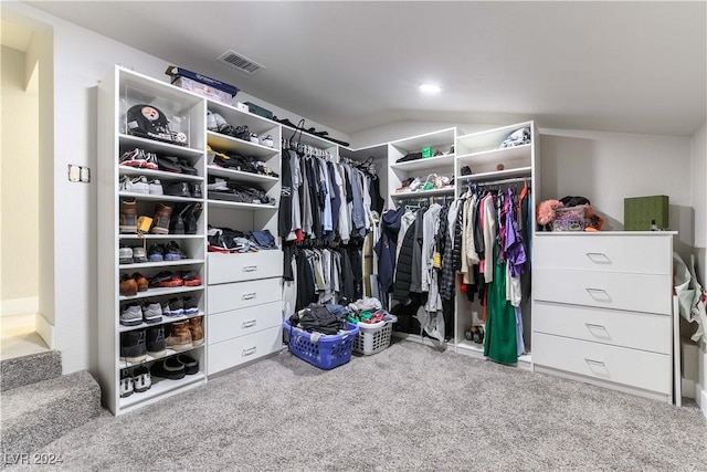 walk in closet featuring vaulted ceiling and carpet floors