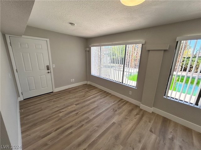 empty room featuring a healthy amount of sunlight, light wood-type flooring, and a textured ceiling