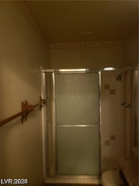 bathroom featuring a shower with door and toilet