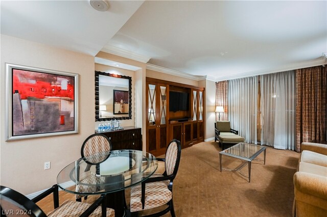 interior space featuring crown molding and light carpet