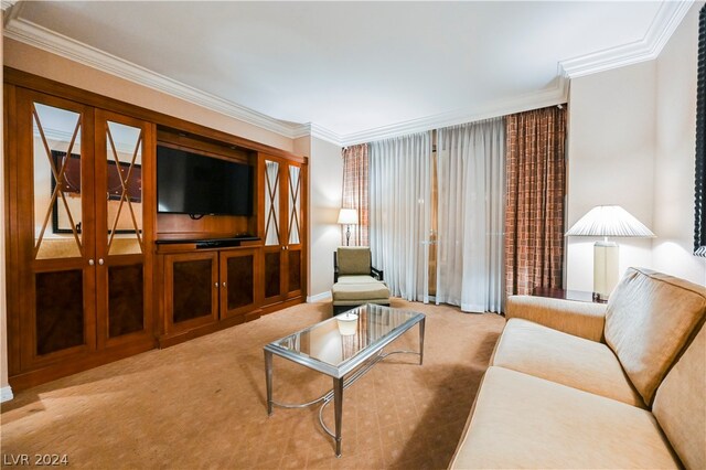 living room with ornamental molding and light colored carpet