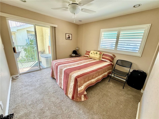 bedroom with ceiling fan, access to exterior, and light carpet