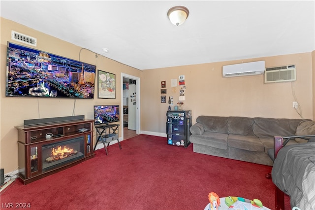 living room featuring a wall mounted AC and carpet floors