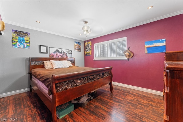 bedroom with ceiling fan, dark hardwood / wood-style floors, and crown molding