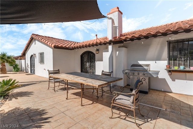 rear view of property with an outdoor kitchen and a patio