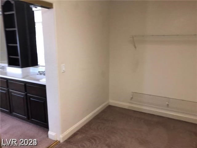 interior space with dark colored carpet and sink